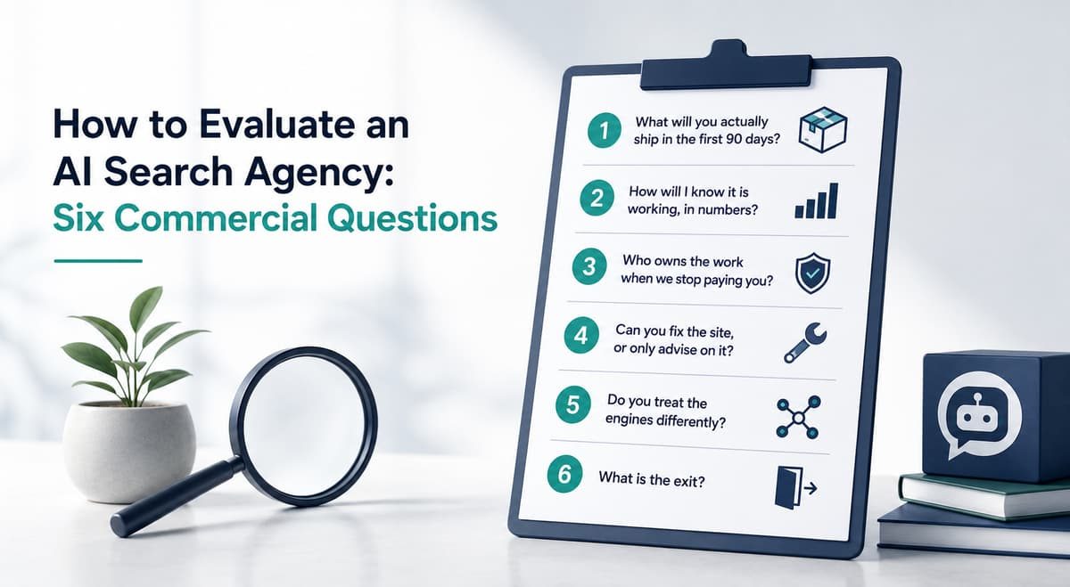 AI search marketing agency evaluation checklist showing six commercial questions on a clipboard.