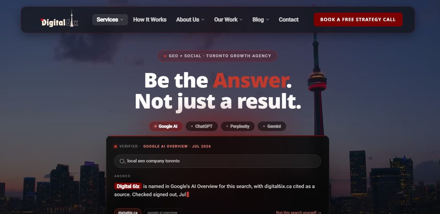 Digital 6ix homepage with headline "Be the Answer" and AI search result demo over the Toronto skyline.