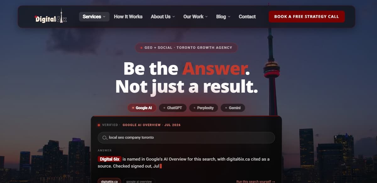 Digital 6ix homepage with headline "Be the Answer" and AI search result demo over the Toronto skyline.