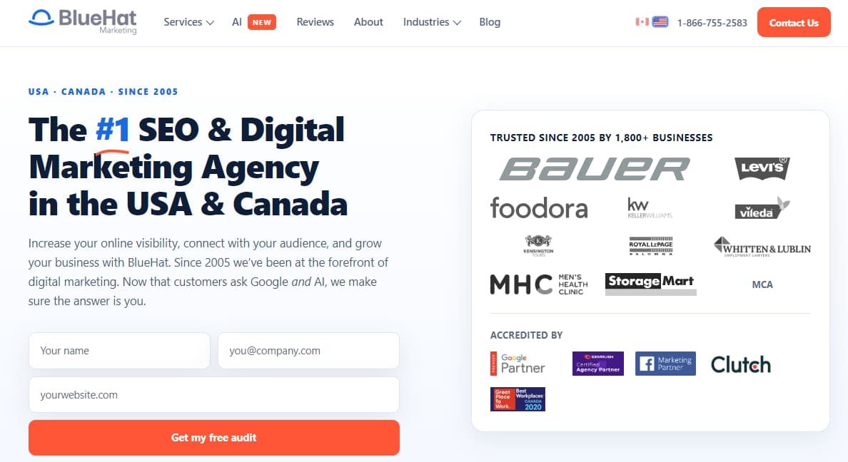 BlueHat Marketing homepage hero section featuring SEO services, client logos, and a free audit form.