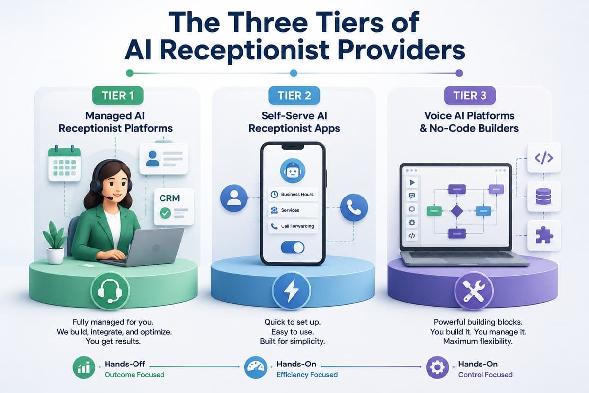 Infographic outlining the 3 tiers of AI receptionist providers: Managed Platforms, Self-Serve Apps, and No-Code Builders.