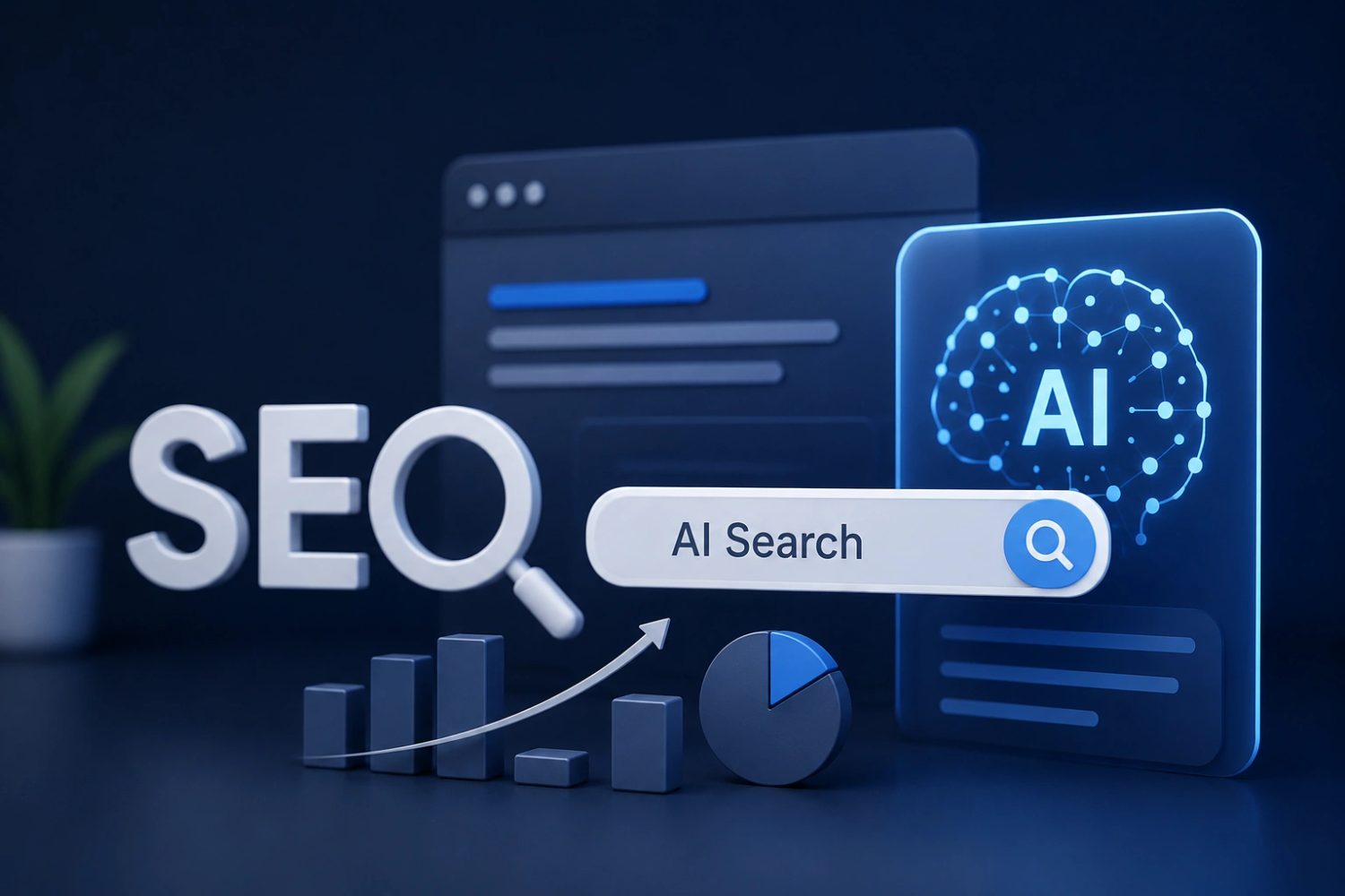 SEO and AI search graphic featuring marketing analytics charts and a glowing digital brain panel.