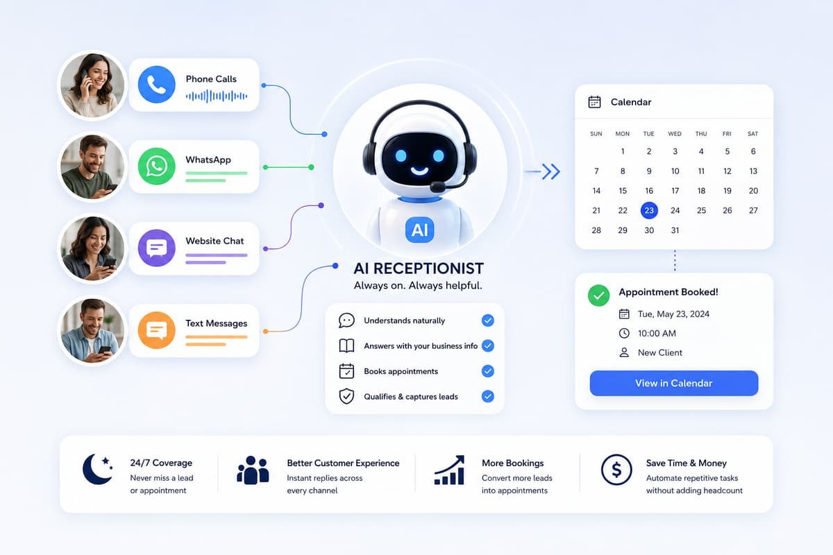 AI receptionist infographic showing automated appointment booking from phone calls, chat, and text to a calendar.