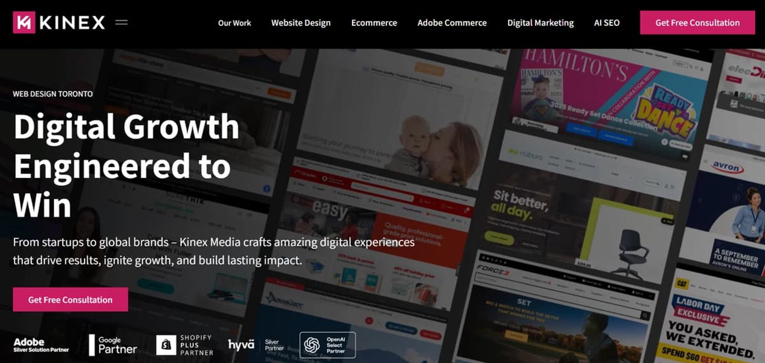 Kinex Media Toronto web design agency homepage featuring client portfolio showcase and partner logos.