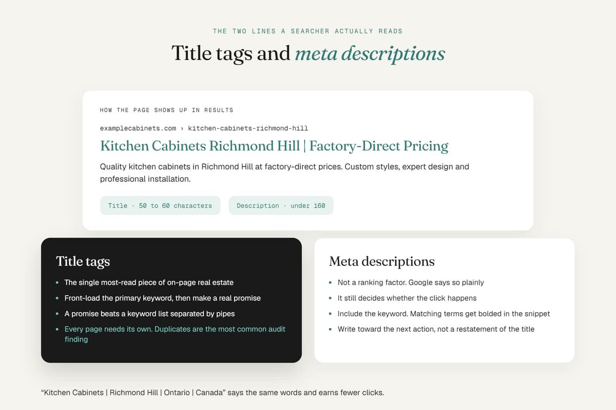 Search snippet preview and best practice tips for optimizing SEO title tags and meta descriptions.