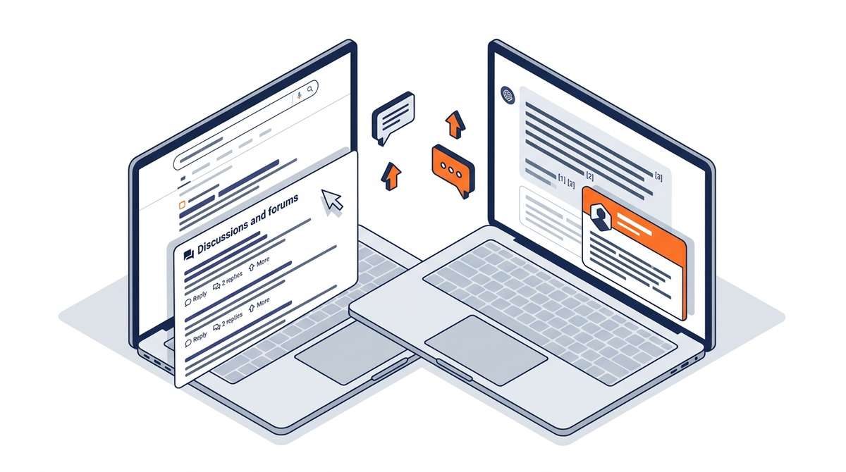 Illustration of two laptops showing online discussions, forms, messages, and sharing arrows.