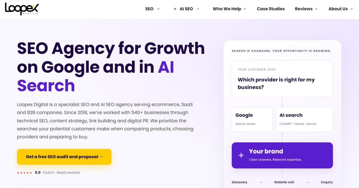 Screenshot of the Loopex Digital homepage with headline about SEO and AI search.