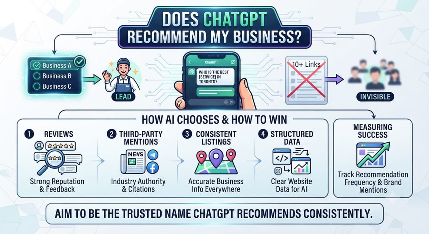 Infographic on how ChatGPT recommends Toronto businesses using reviews, listings, mentions, and structured data.