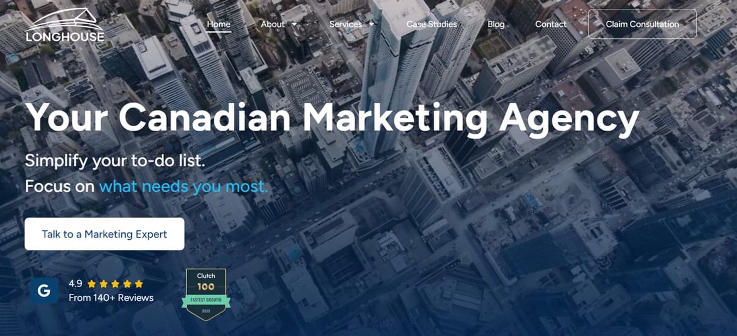 Longhouse Canadian marketing agency homepage featuring an aerial city skyline and consultation button