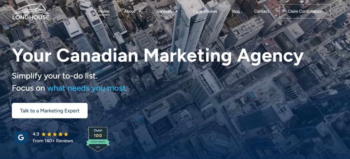 Longhouse Canadian marketing agency homepage featuring an aerial city skyline and consultation button