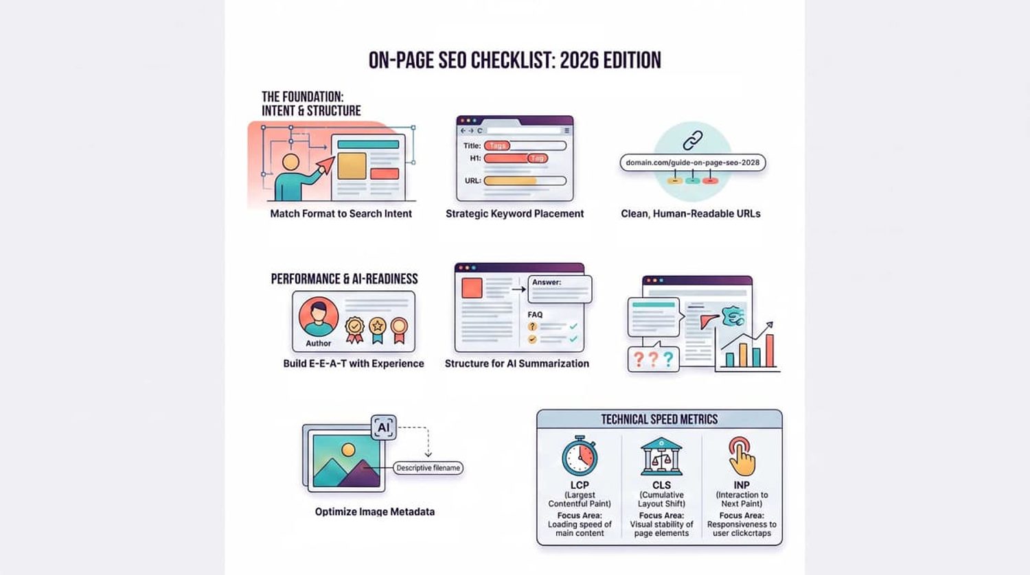 Modern on-page SEO checklist infographic for 2026, covering search intent, AI-readiness, and technical speed metrics.