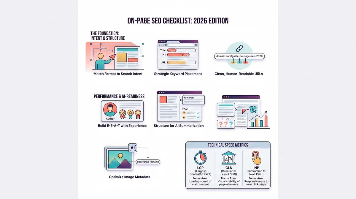 Modern on-page SEO checklist infographic for 2026, covering search intent, AI-readiness, and technical speed metrics.