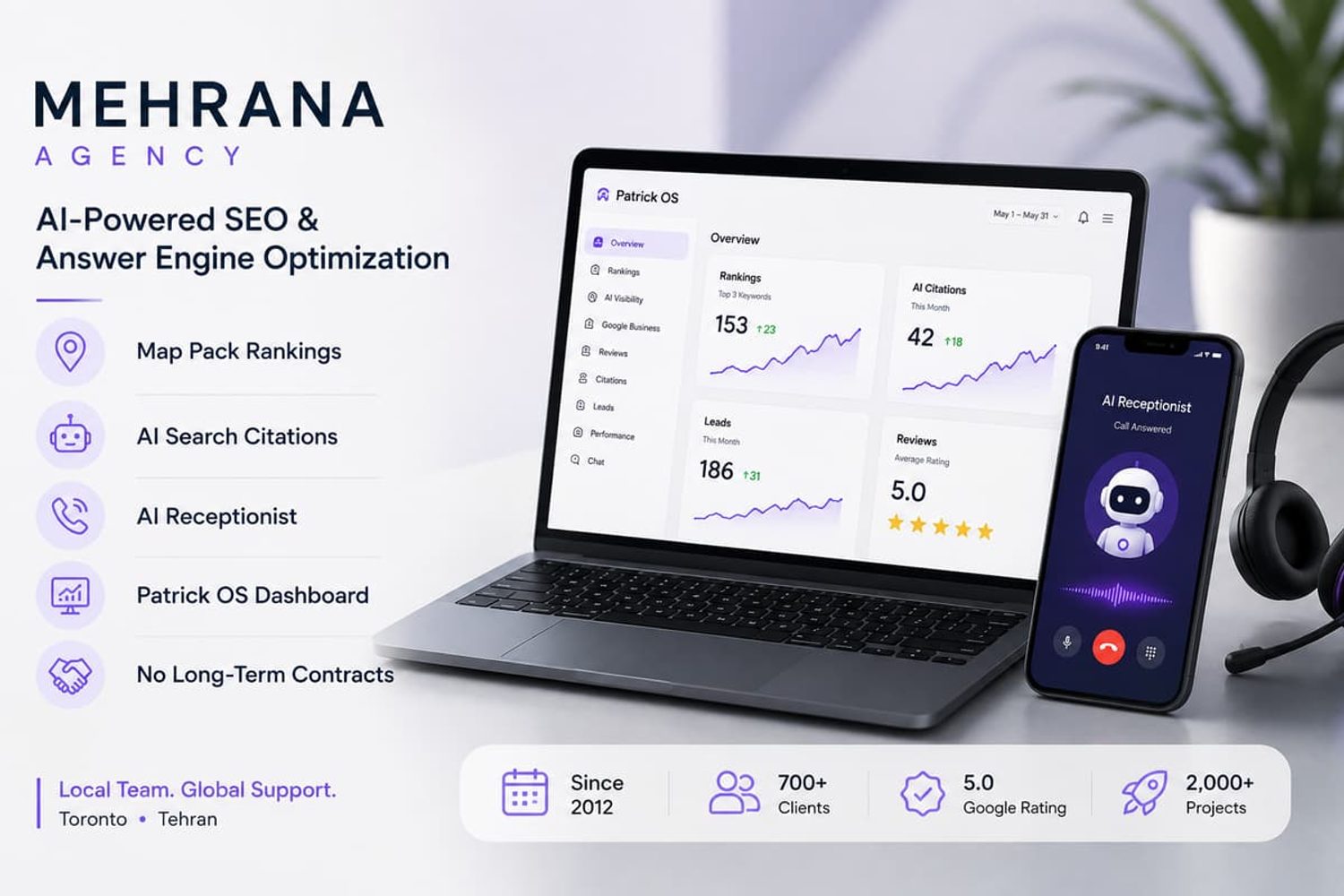 Mehrana Agency AI-powered SEO dashboard on a laptop with an AI receptionist app on a smartphone.