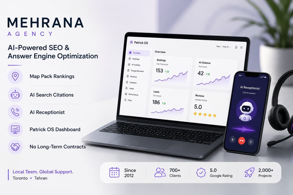 Mehrana Agency AI-powered SEO dashboard on a laptop with an AI receptionist app on a smartphone.