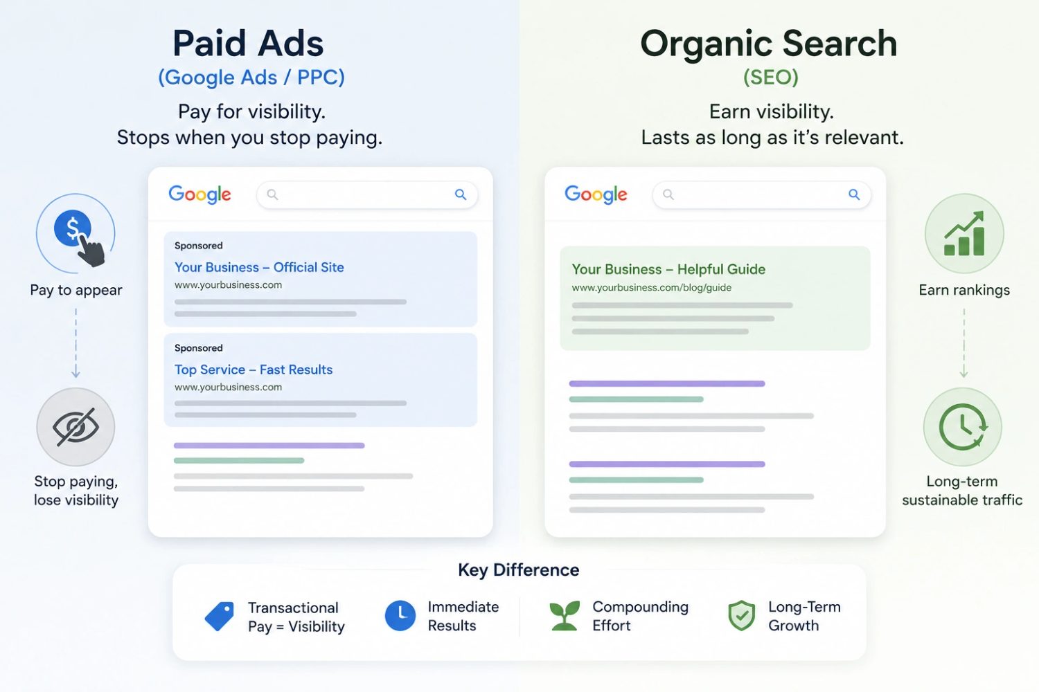 Infographic comparing Google Paid Ads vs Organic Search SEO, showing key differences in cost, traffic, and growth.