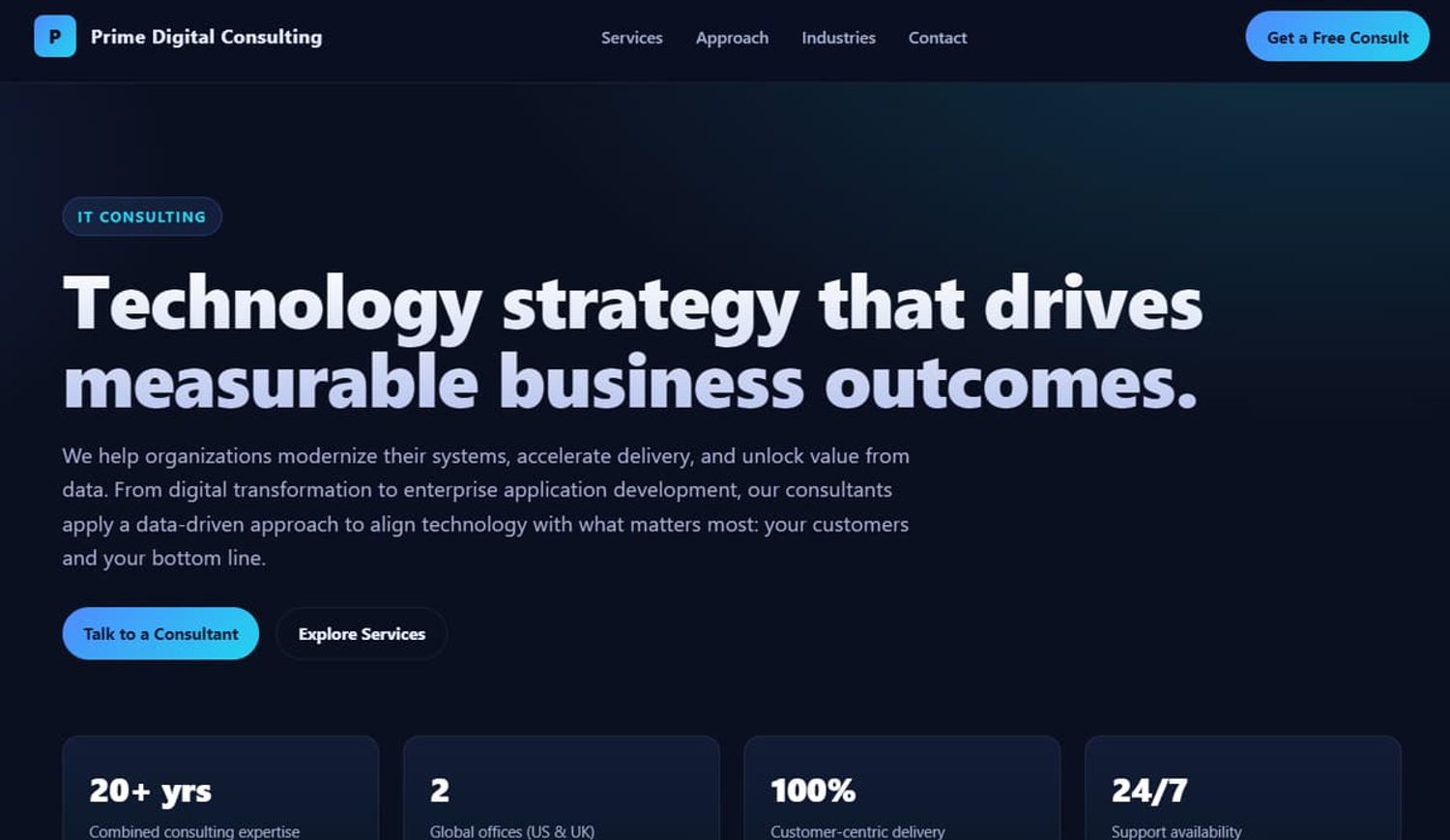 Prime Digital Consulting homepage hero section for IT consulting and enterprise technology strategy.
