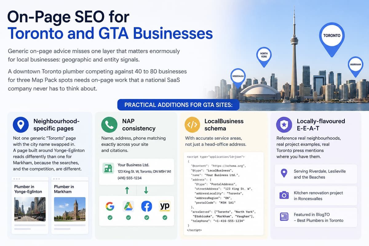 Infographic outlining local on-page SEO tips for Toronto and GTA businesses against a Toronto skyline background.