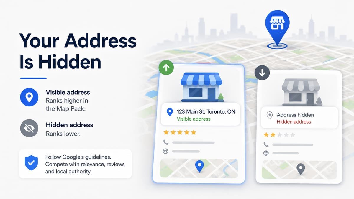 Local SEO graphic showing visible business addresses ranking higher in the Google Map Pack than hidden addresses.