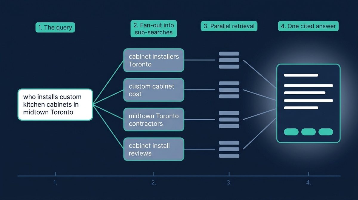 Diagram of a search query fanning out into sub-searches and parallel retrieval to form one cited answer.