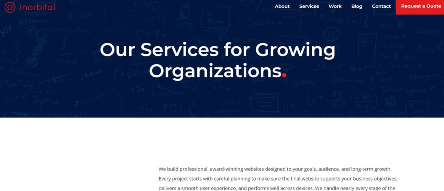 Inorbital web design services page banner with headline Our Services for Growing Organizations.