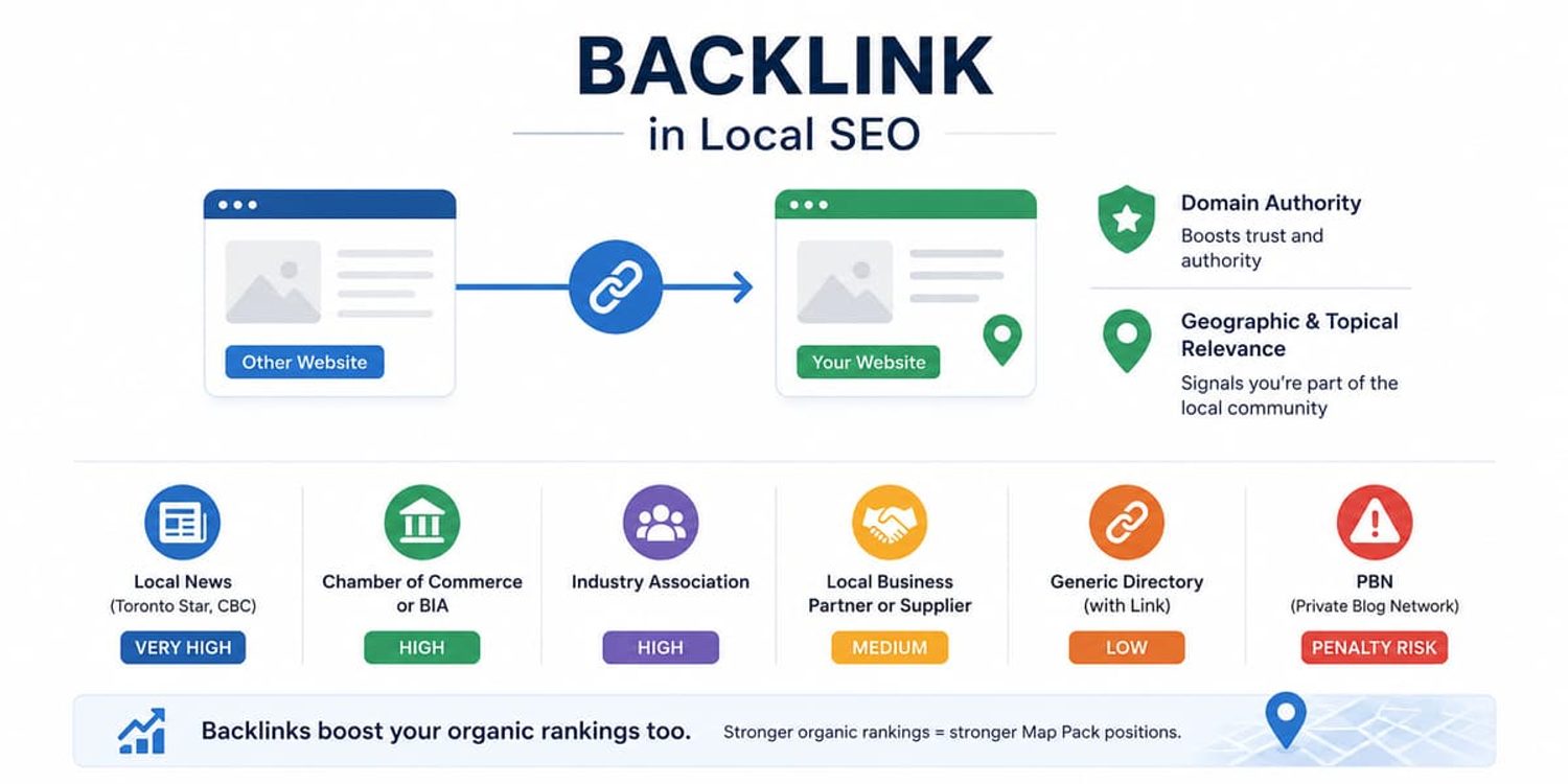 Local SEO backlink infographic ranking link sources from high value (local news) to penalty risk (PBNs).