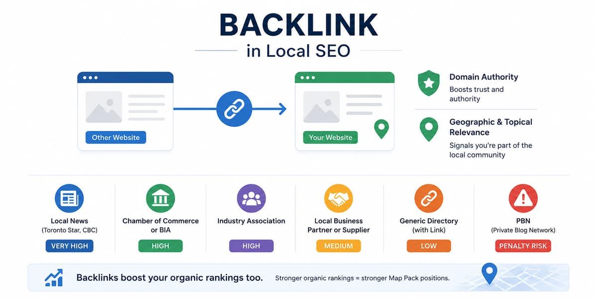 Local SEO backlink infographic ranking link sources from high value (local news) to penalty risk (PBNs).