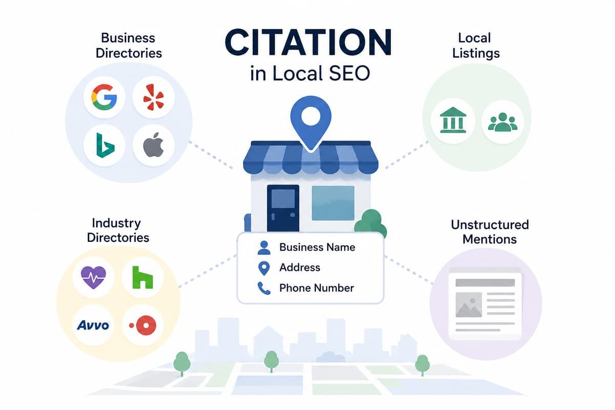 Local SEO citation infographic showing business NAP data connected to directories, local listings, and mentions.