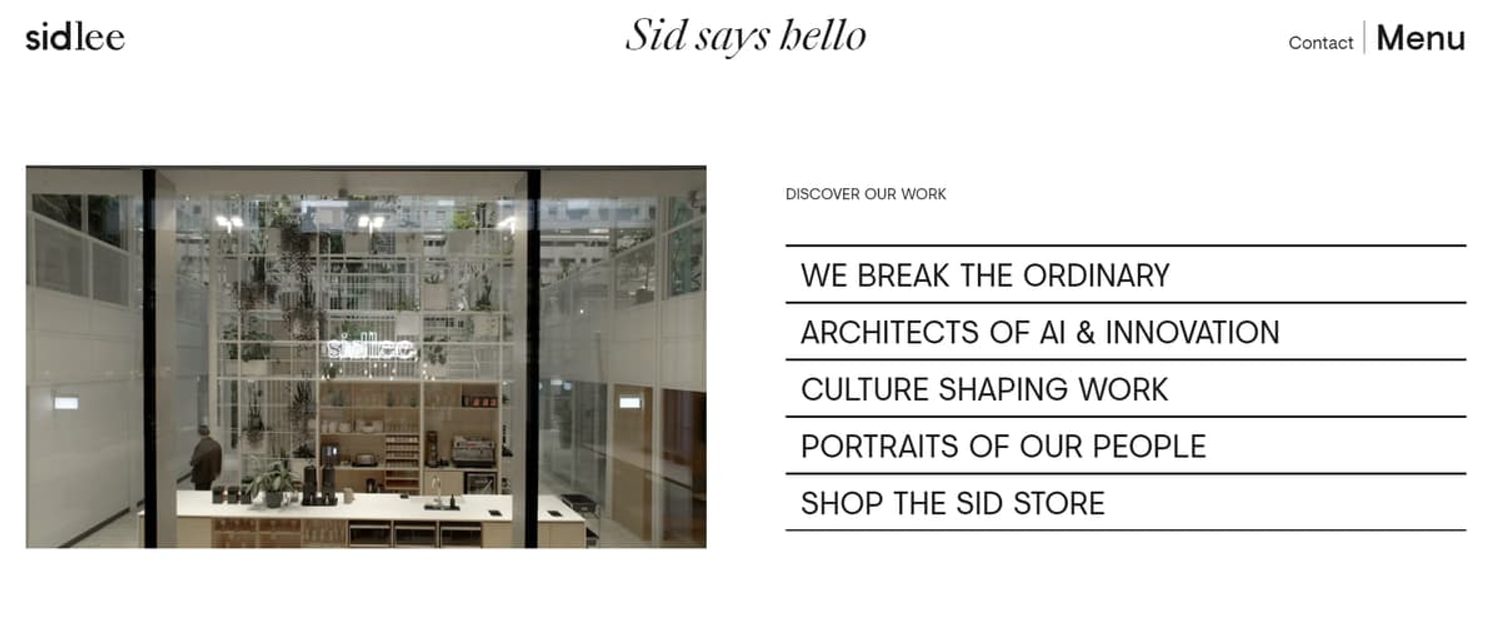 Sid Lee website homepage featuring modern office interior and Discover Our Work navigation menu.