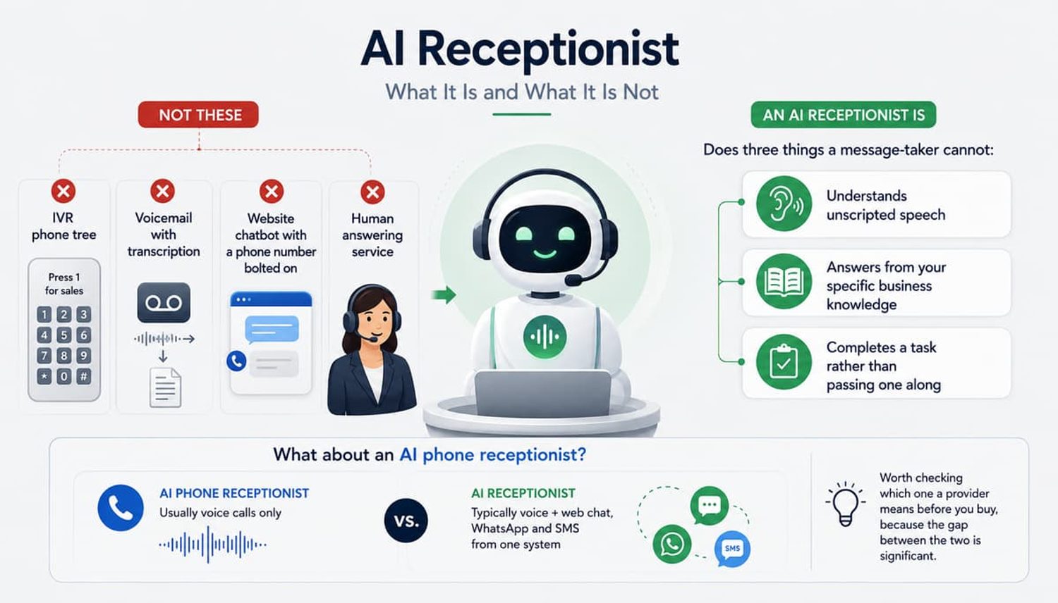 Infographic explaining what an AI receptionist is and is not, comparing it to IVR phone trees, chatbots, and human services.