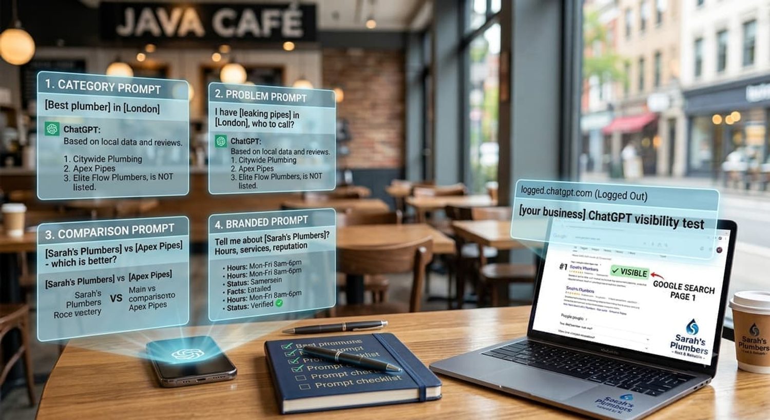 ChatGPT local SEO prompts on a laptop in a cafe showing a business search visibility test.