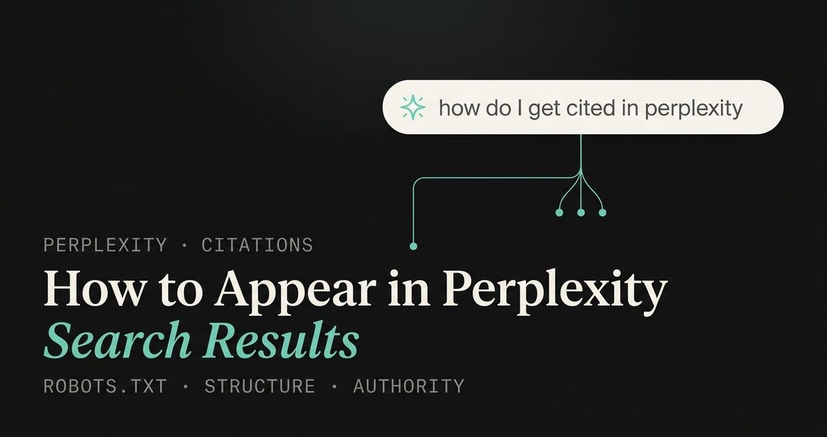 Graphic titled “How to Appear in Perplexity Search Results,” with a search query and branching citation diagram.