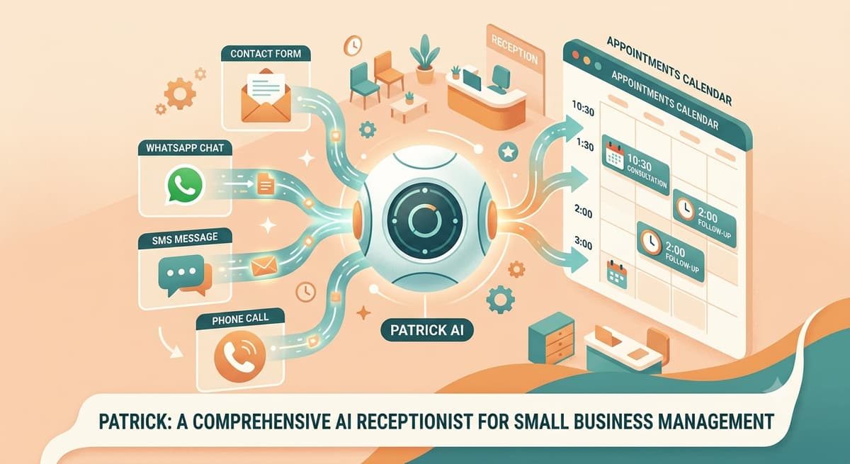AI receptionist booking system diagram showing phone, SMS, and WhatsApp channels integrating with an appointment calendar.