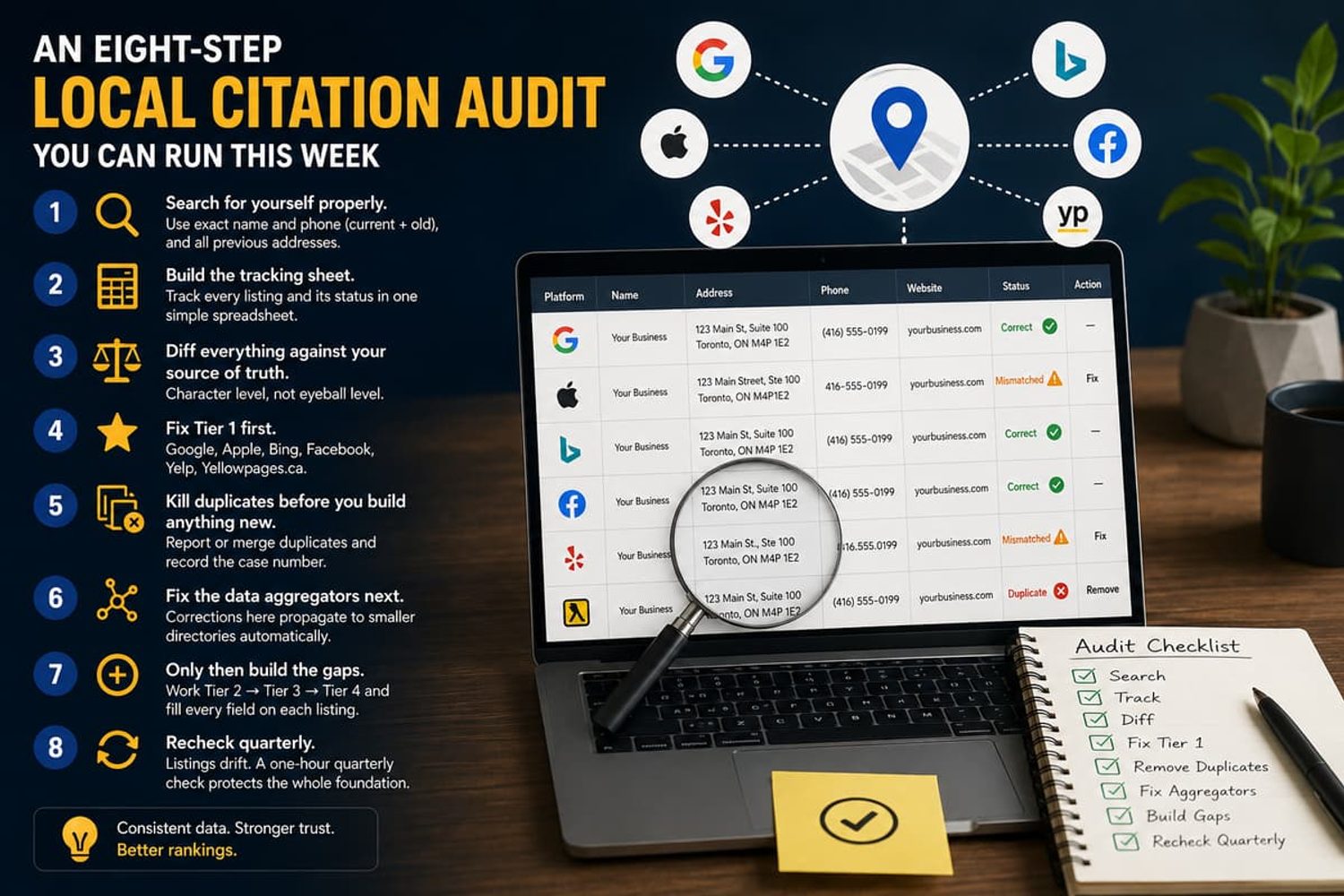 Eight-step local citation audit infographic with a laptop showing a business listing spreadsheet and checklist.