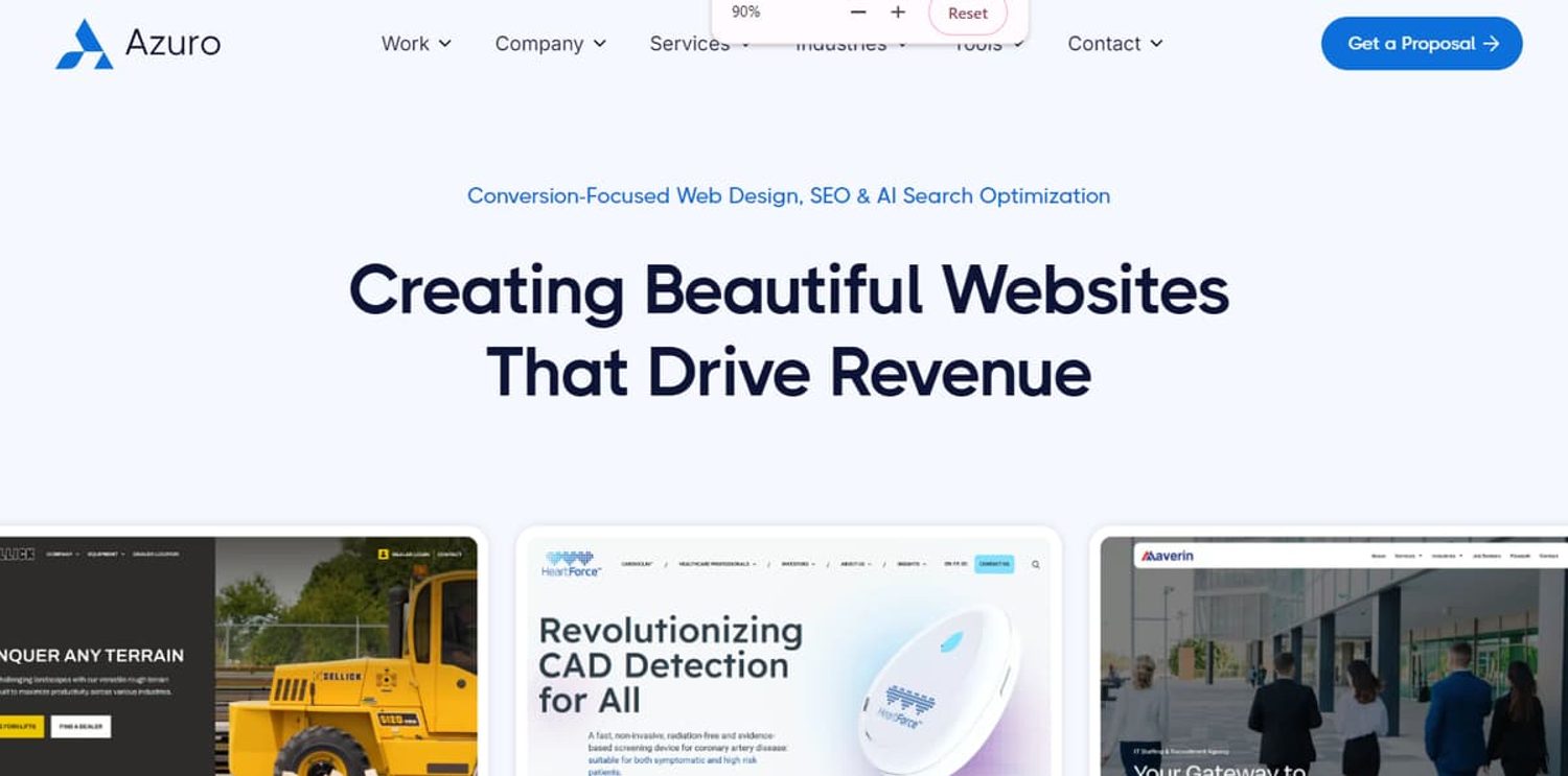 Azuro homepage featuring headline Creating Beautiful Websites That Drive Revenue and client website design mockups