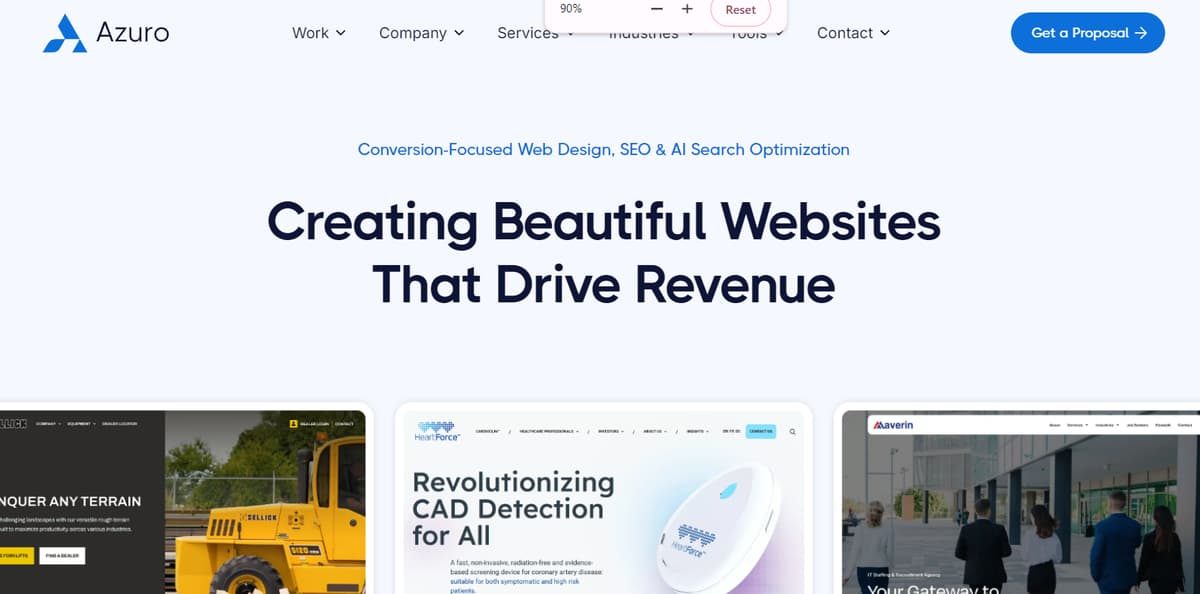 Azuro homepage featuring headline Creating Beautiful Websites That Drive Revenue and client website design mockups
