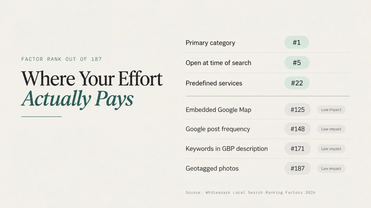 Infographic ranking Google Maps factors from primary category (#1) to geotagged photos (#187).