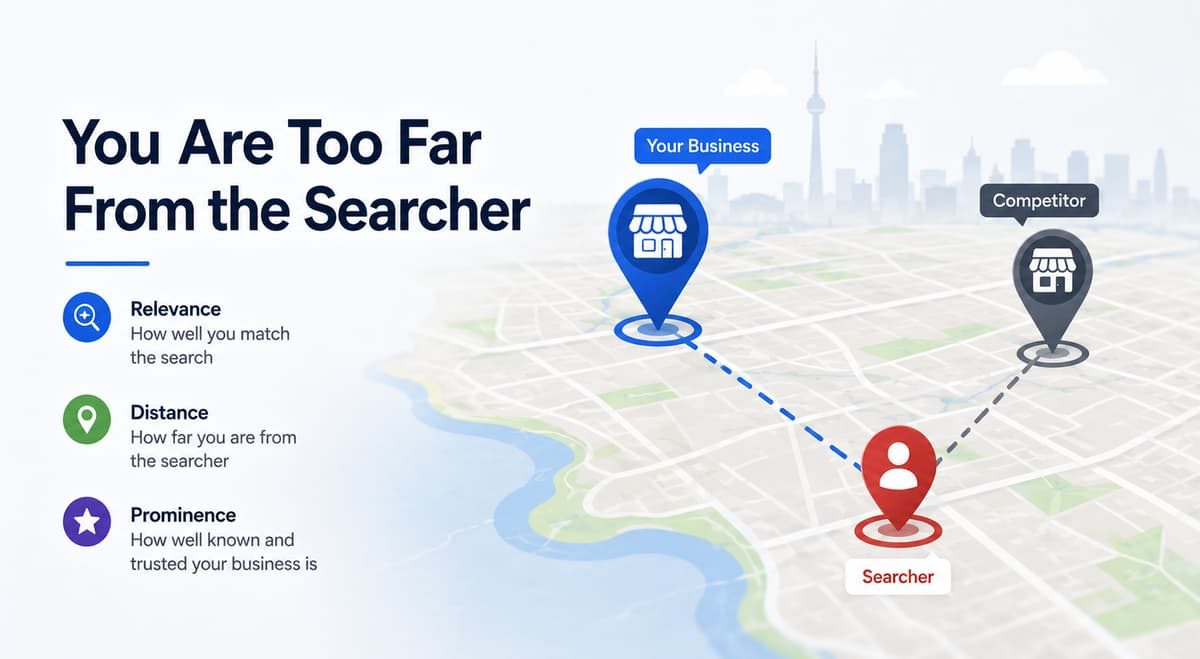 Local SEO diagram on a map showing distance between a searcher, a business, and a competitor.