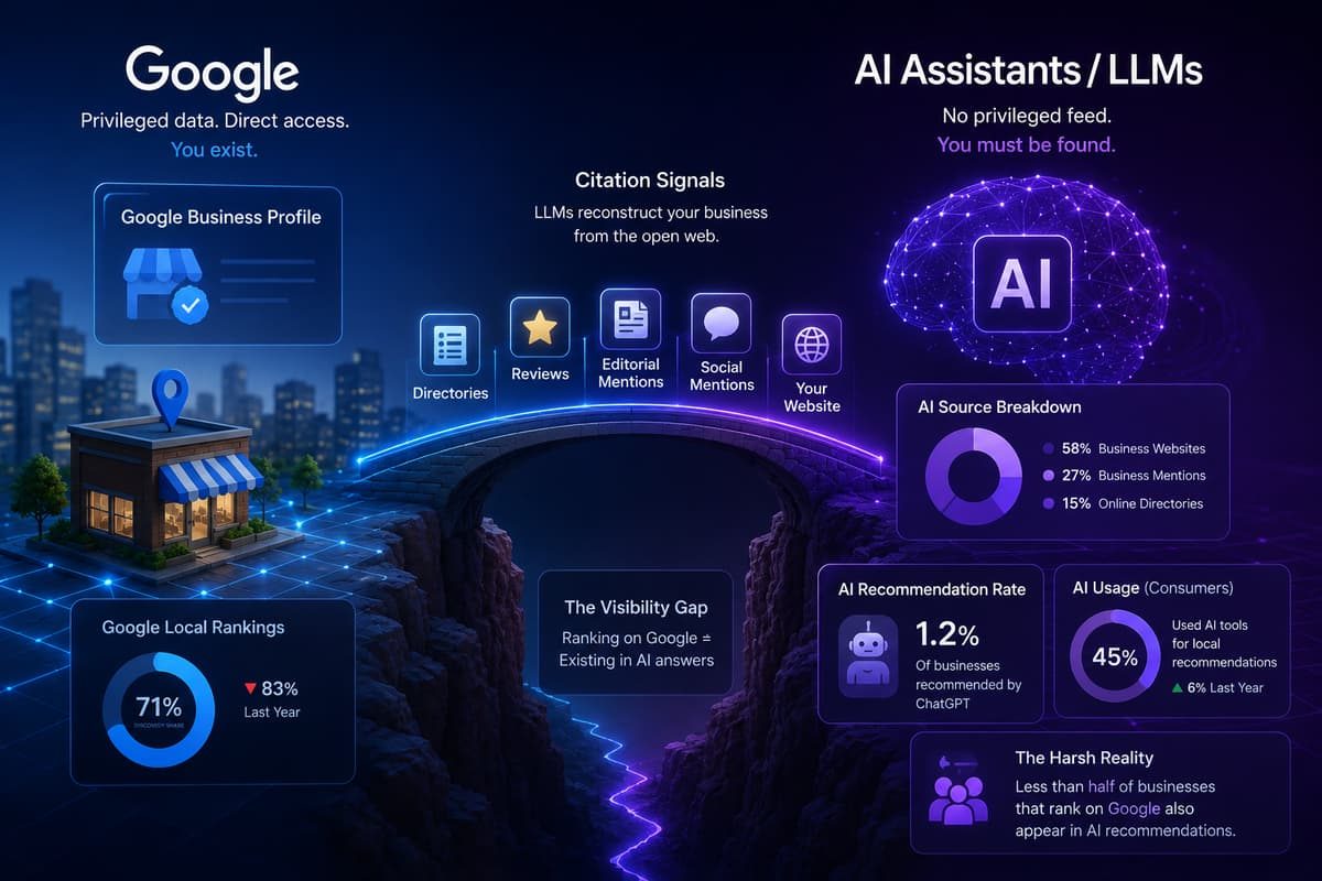 Infographic comparing local business rankings on Google vs AI search visibility with citation signal breakdown.