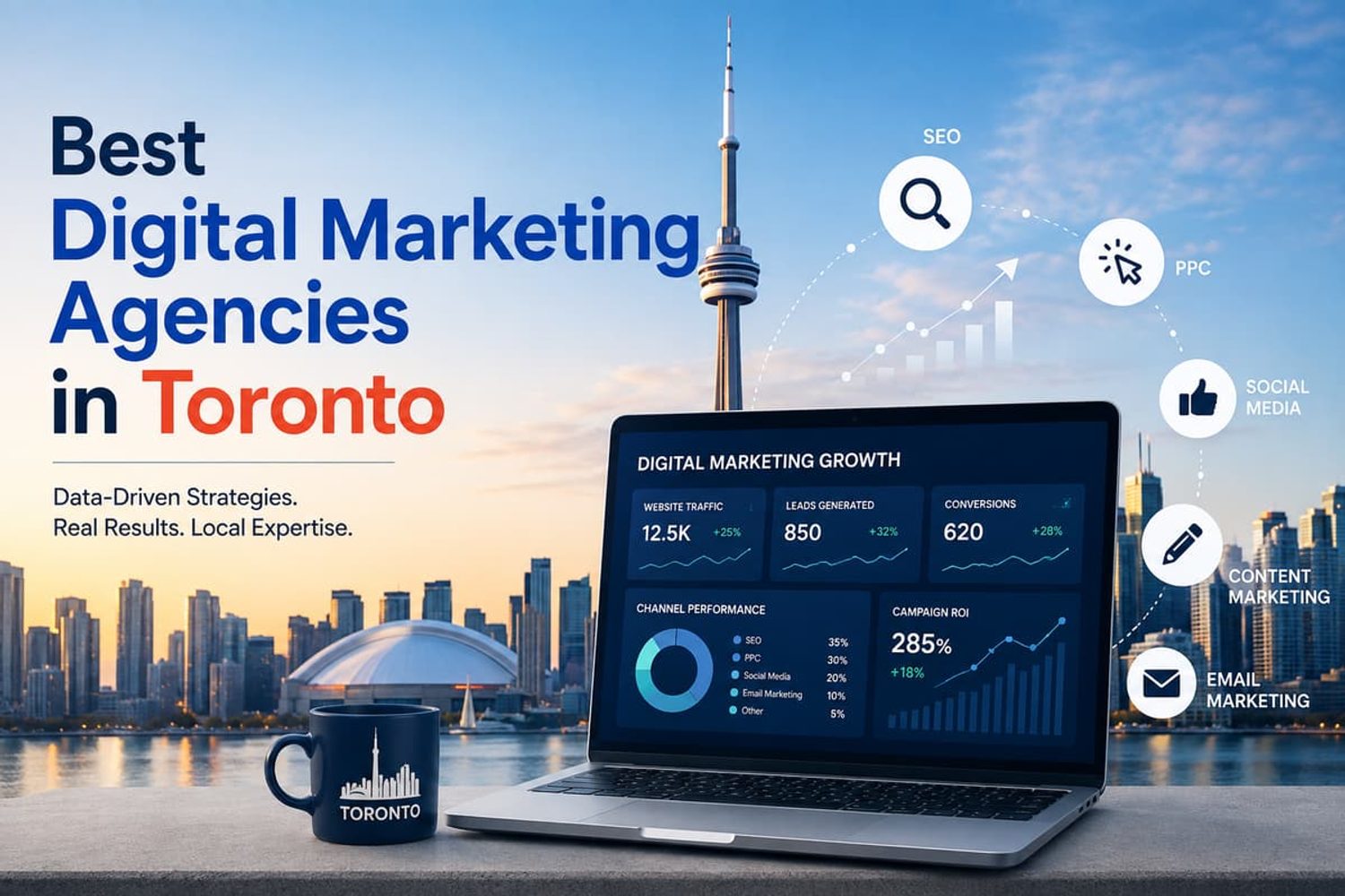 Best Digital Marketing Agencies in Toronto graphic featuring a laptop with marketing metrics and the CN Tower.