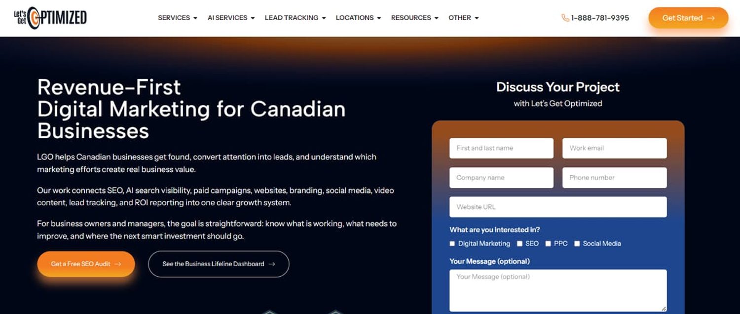 Screenshot of the Let's Get Optimized homepage showing marketing services and a contact form.