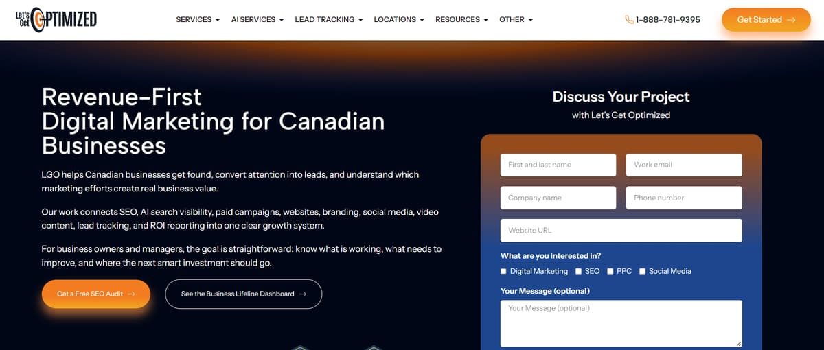 Screenshot of the Let's Get Optimized homepage showing marketing services and a contact form.