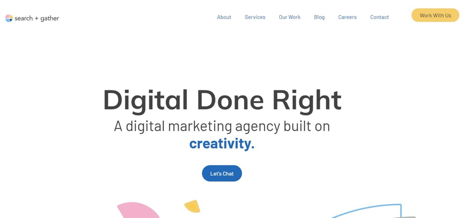 Search + Gather homepage featuring headline Digital Done Right, a digital marketing agency built on creativity.
