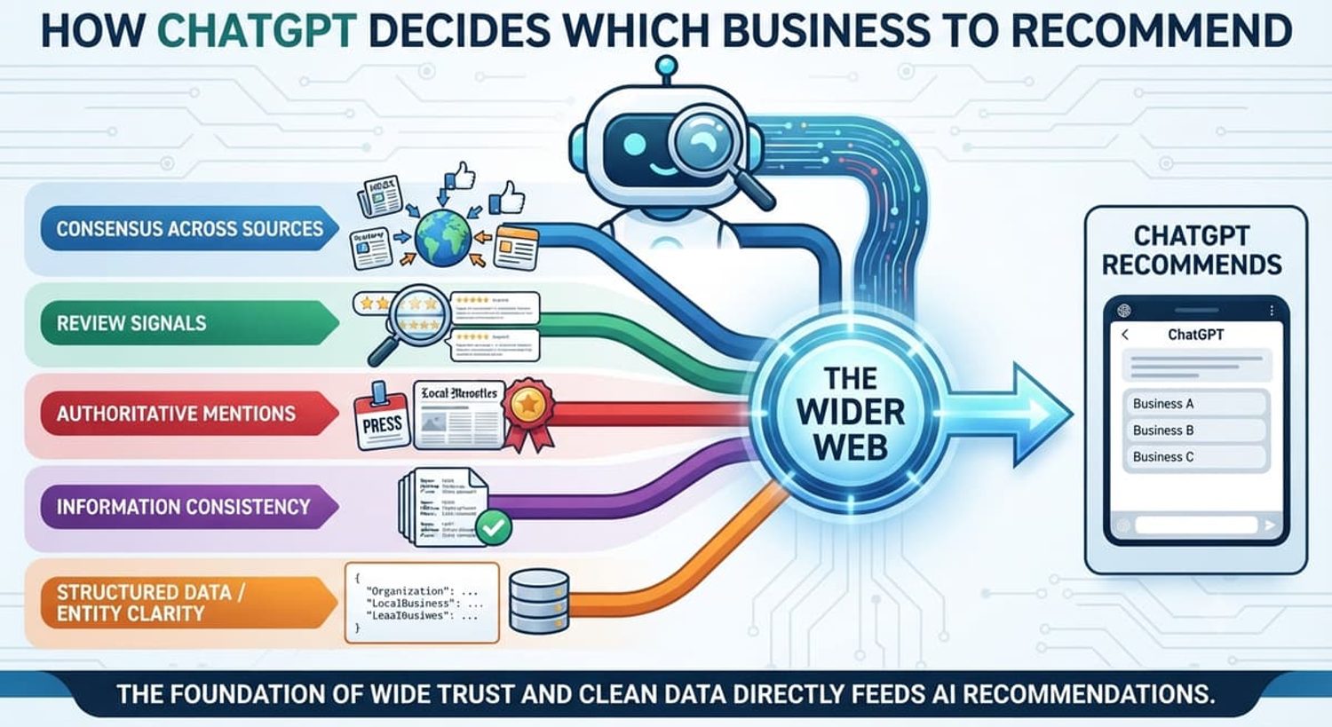 ChatGPT business recommendation infographic showing factors like reviews, structured data, and web consistency.