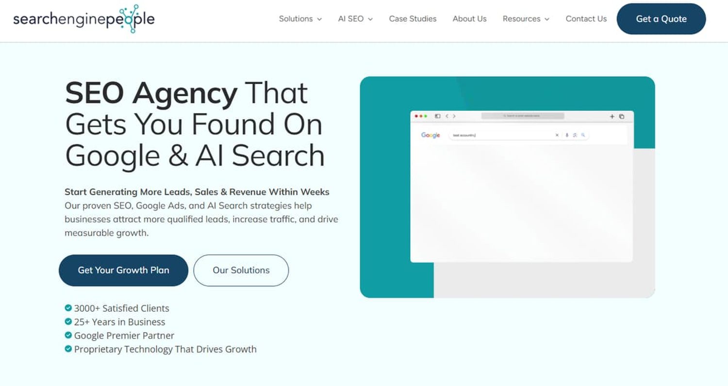 Search Engine People homepage hero section with headline and browser graphic.