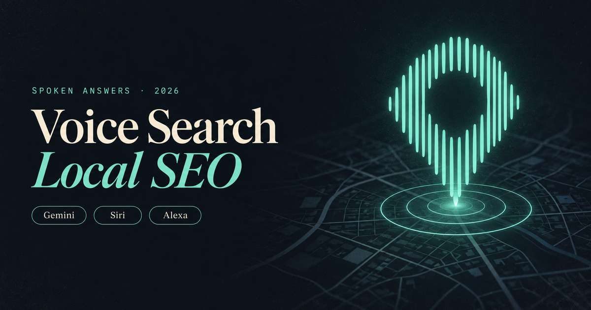 Graphic reading “Voice Search Local SEO,” with Gemini, Siri, and Alexa labels beside a glowing voice-search icon over a map.