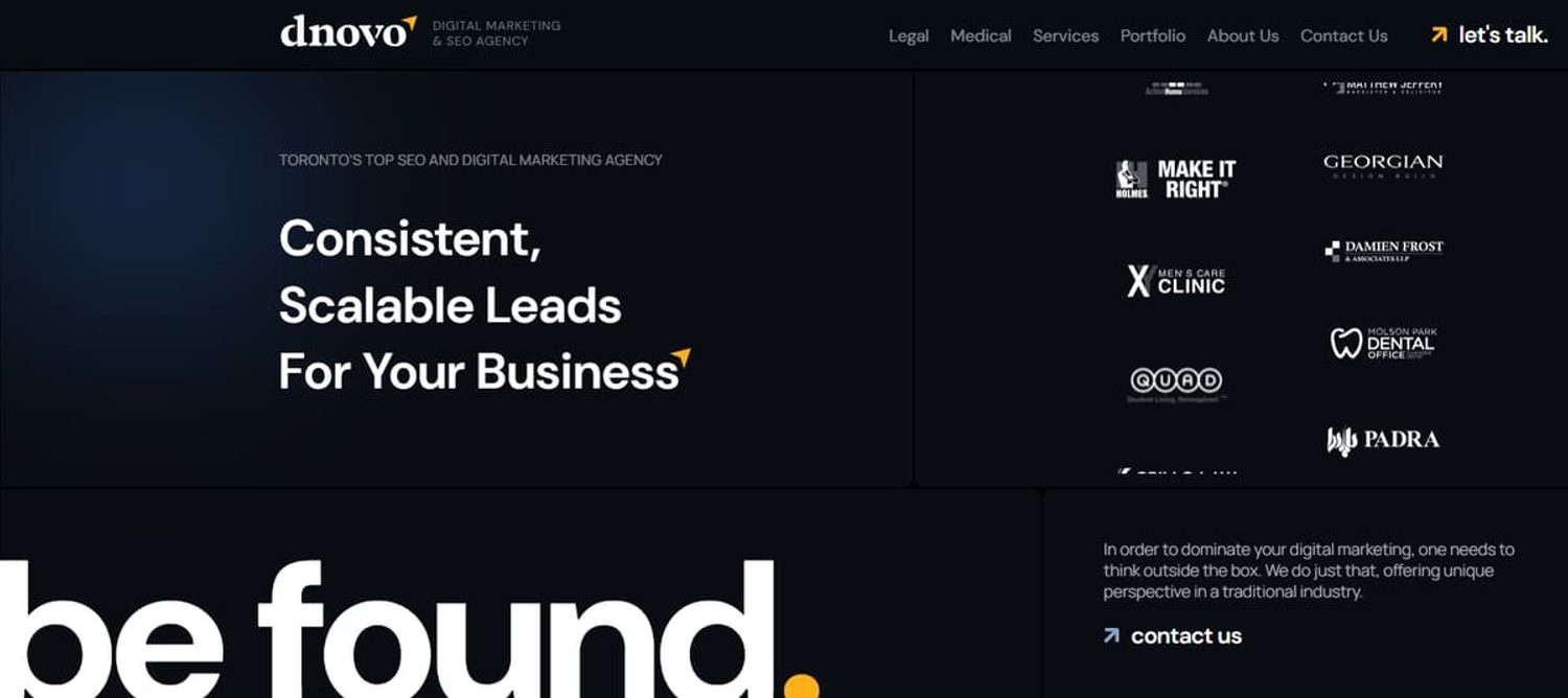 Screenshot of the dnovo SEO and digital marketing agency homepage displaying headlines and client logos.