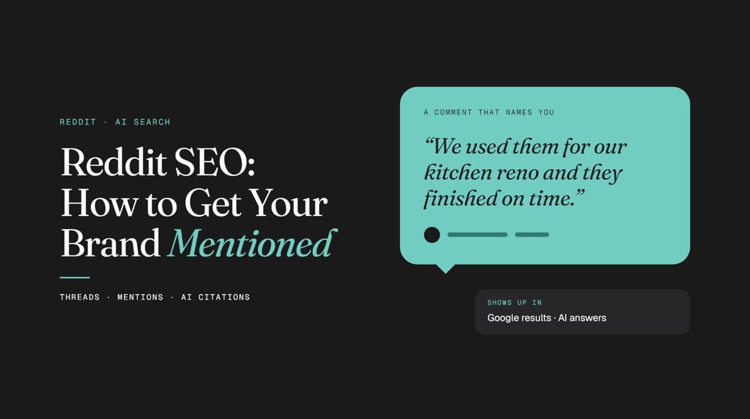 Reddit SEO: How to Get Your Brand Mentioned graphic showing comments in Google and AI search results.