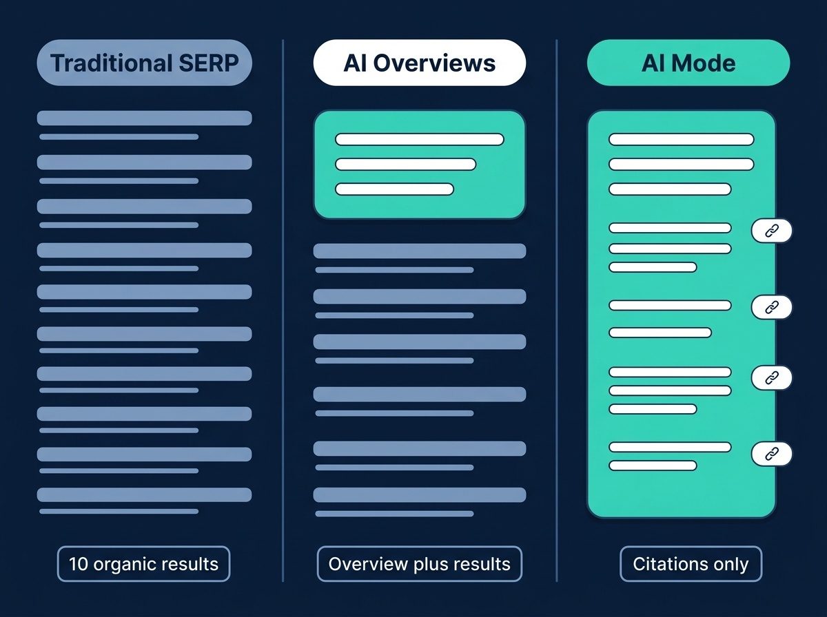 Diagram comparing visual layouts of Traditional SERP, AI Overviews, and AI Mode search results.