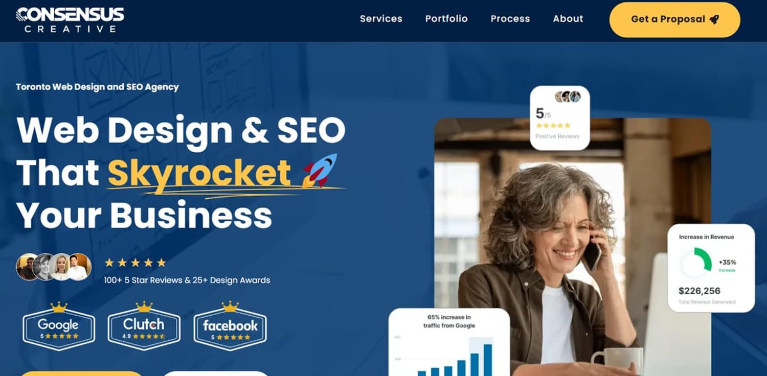 Consensus Creative Toronto web design and SEO agency homepage featuring client reviews and business growth metrics.