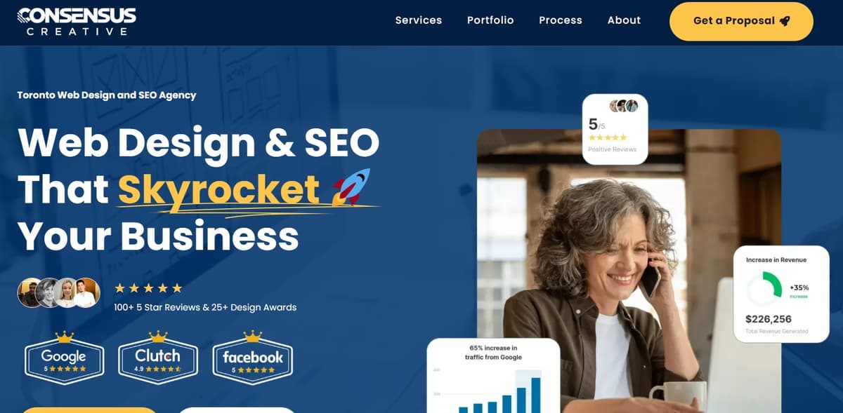 Consensus Creative Toronto web design and SEO agency homepage featuring client reviews and business growth metrics.